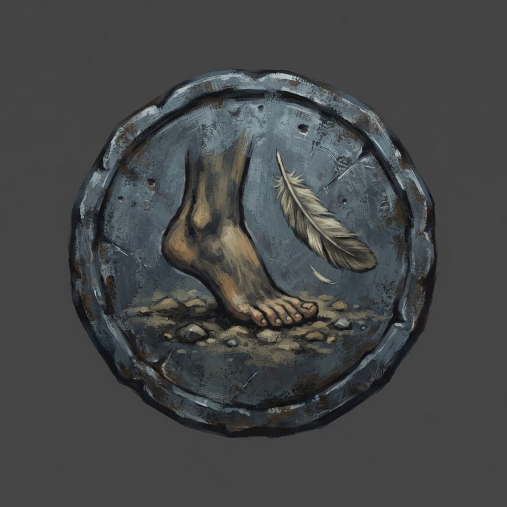 Image: Hand-painted circular skill-tree icon, a weathered