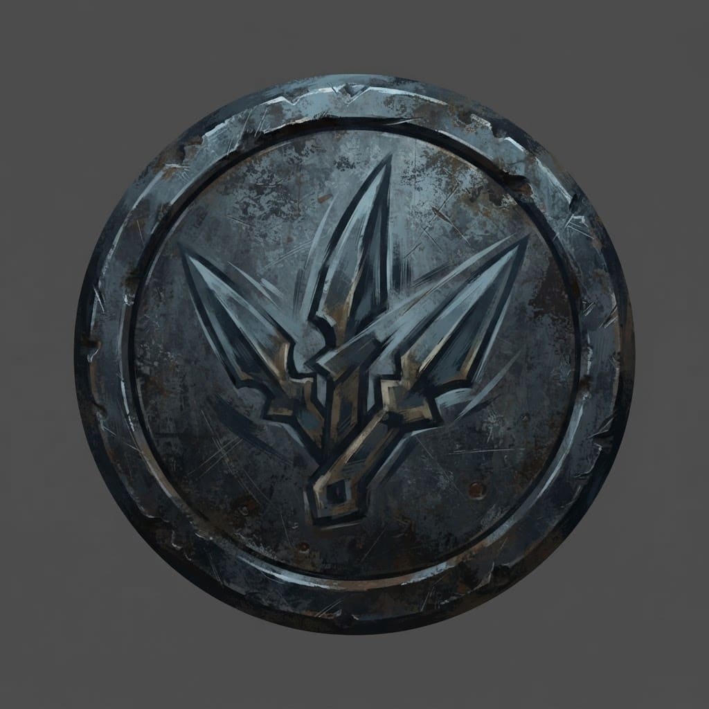 Image: Hand-painted circular skill-tree icon, a weathered