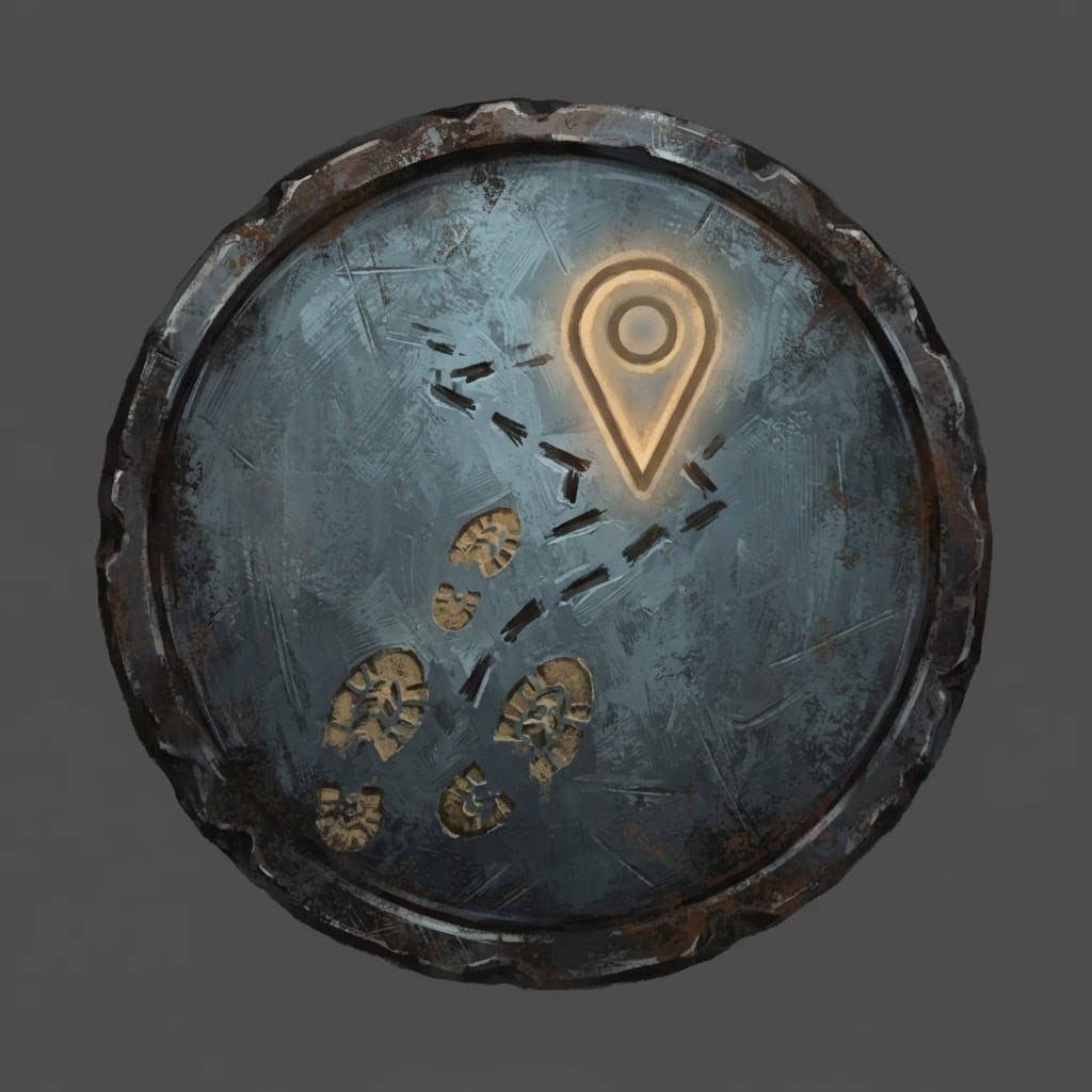 Image: Hand-painted circular skill-tree icon, a weathered