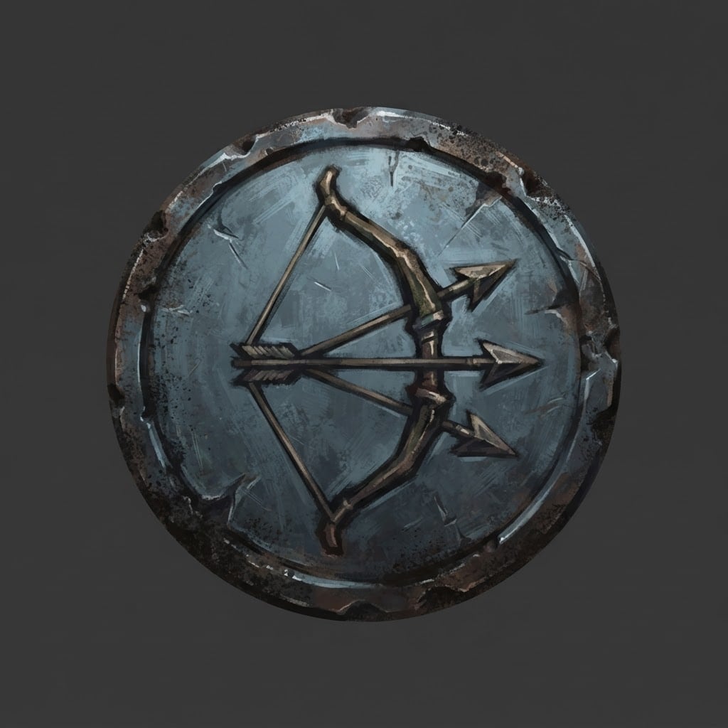 Image: Hand-painted circular skill-tree icon, a weathered