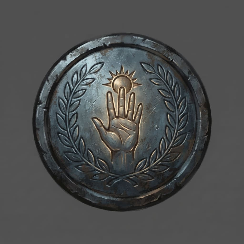 Image: Hand-painted circular skill-tree icon, a weathered