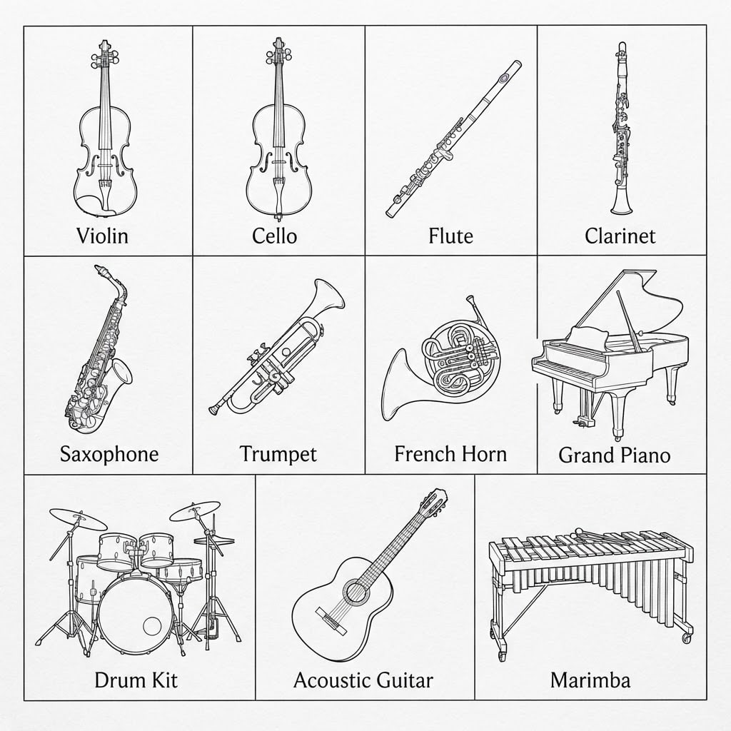 Image: A design reference sheet of musical instruments dr