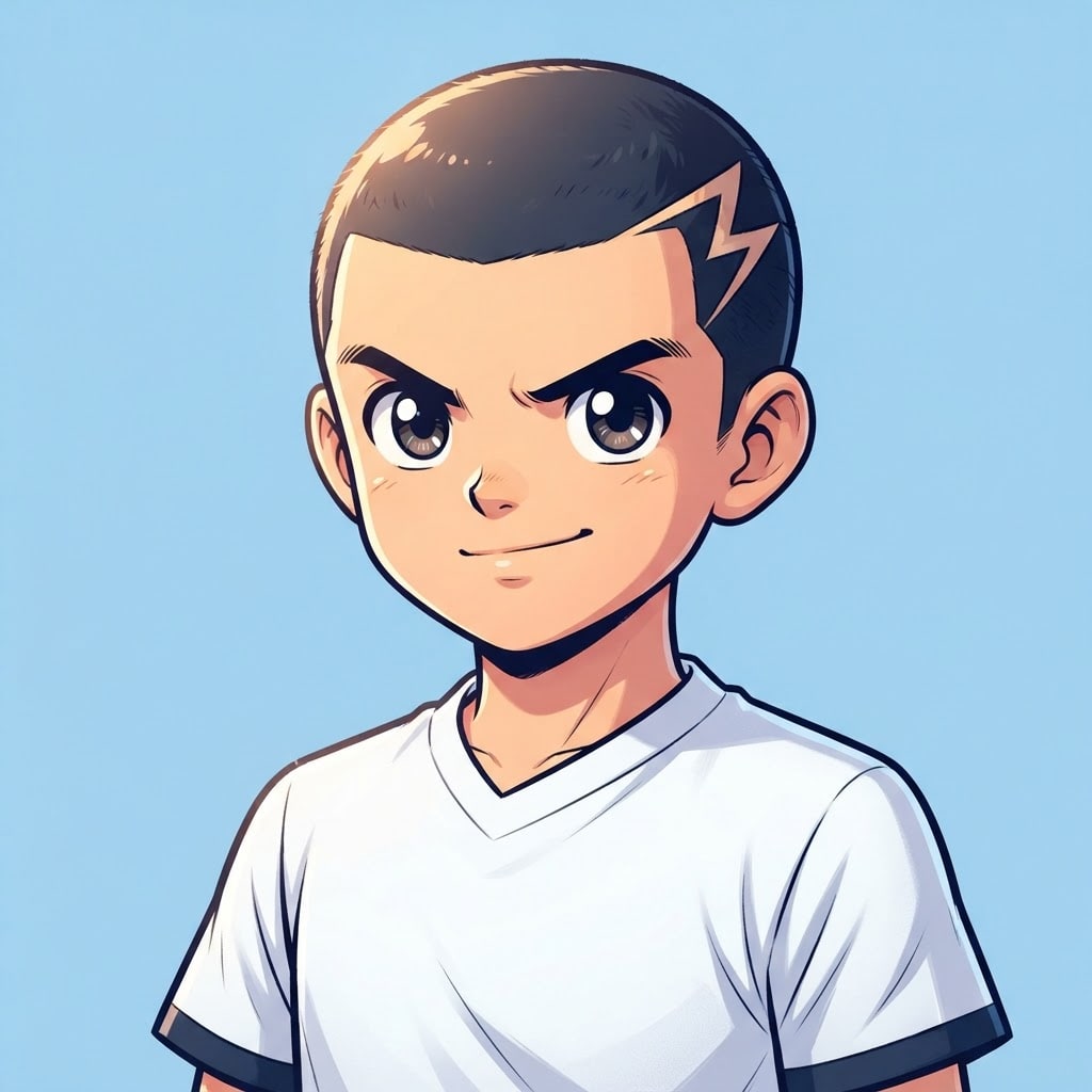 Image: anime bust portrait of a determined 12-year-old yo