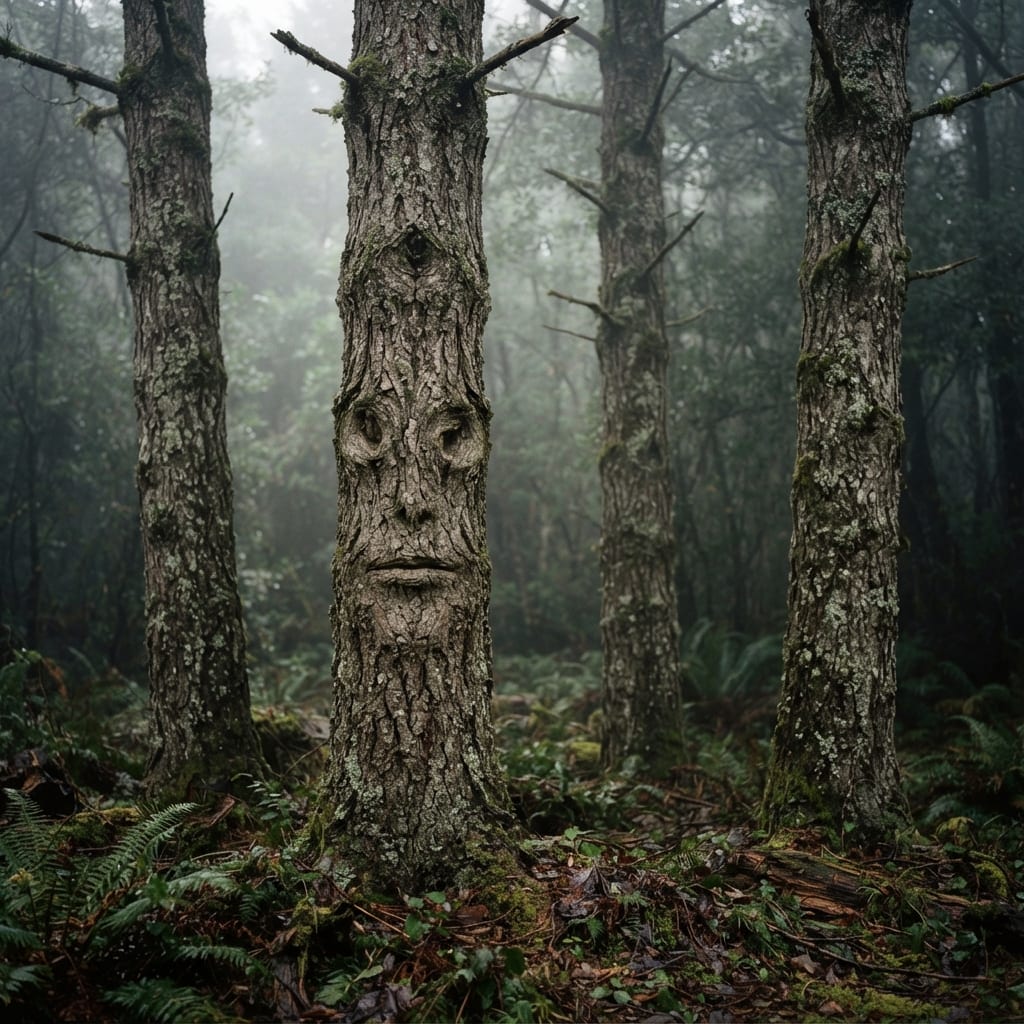 Image: Photorealistic forest photograph, four ordinary ma