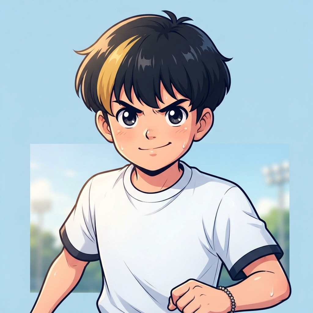 Image: anime bust portrait of a determined 12-year-old yo