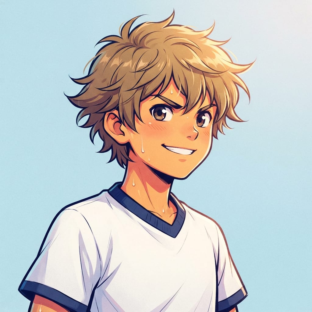 Image: anime bust portrait of a determined 12-year-old yo