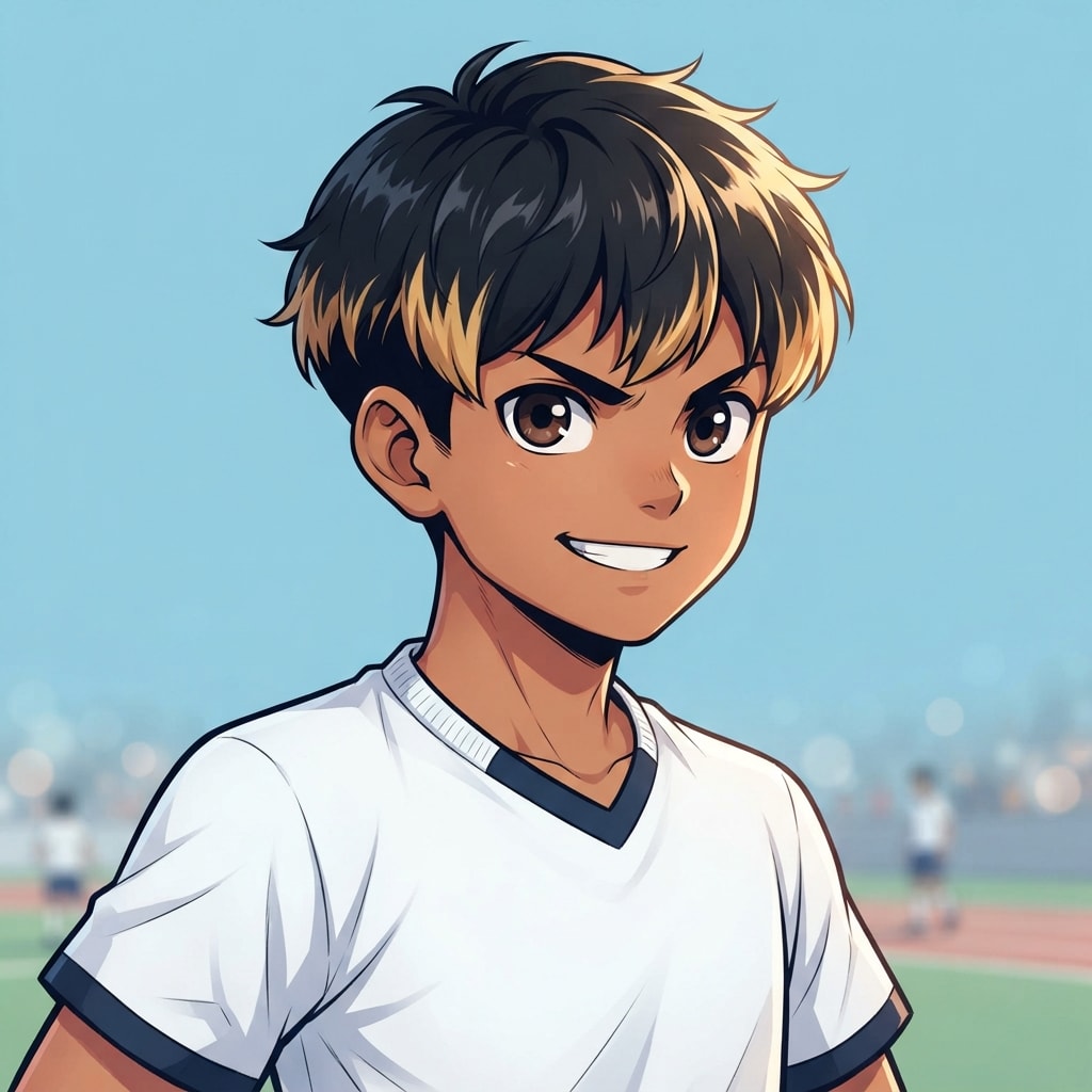Image: anime bust portrait of a determined 12-year-old yo