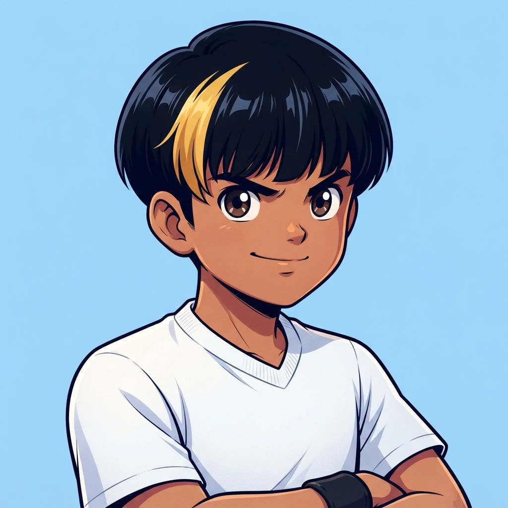 Image: anime bust portrait of a determined 12-year-old yo