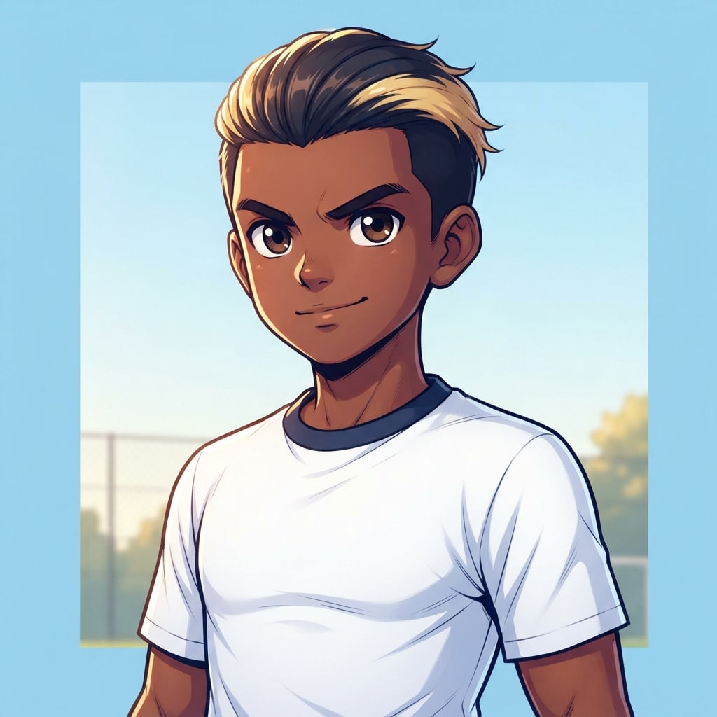 Image: anime bust portrait of a determined 12-year-old yo