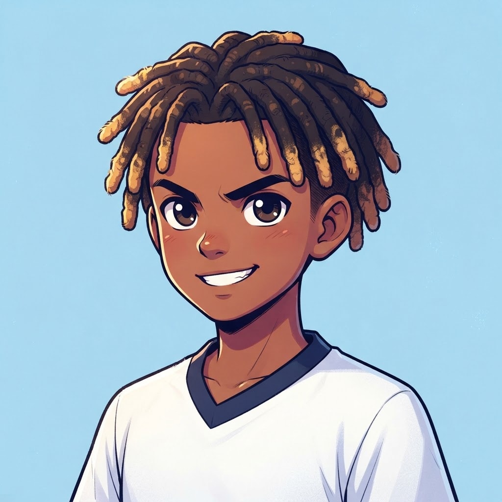 Image: anime bust portrait of a determined 12-year-old yo