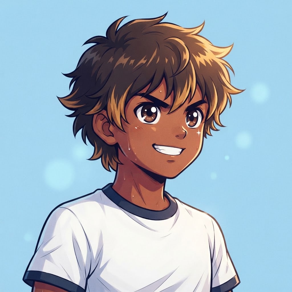 Image: anime bust portrait of a determined 12-year-old yo