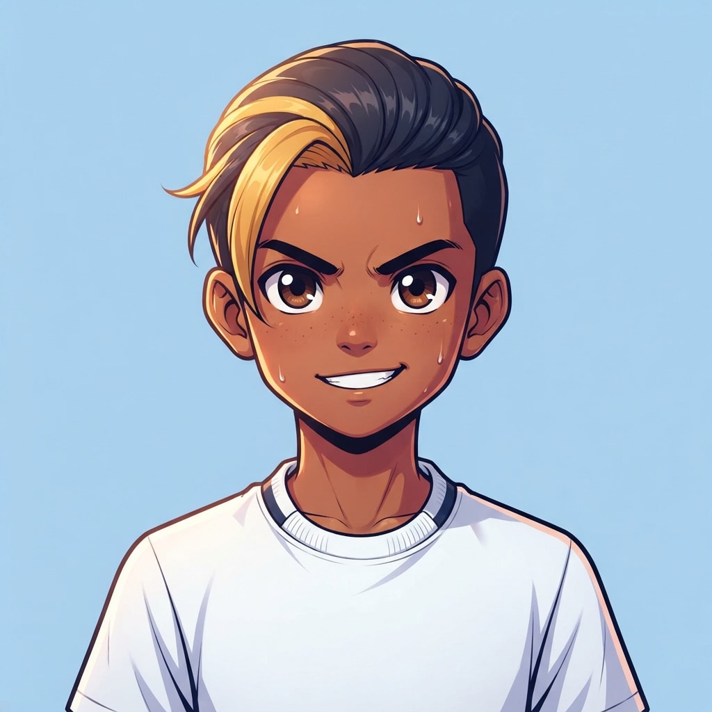 Image: anime bust portrait of a determined 12-year-old yo
