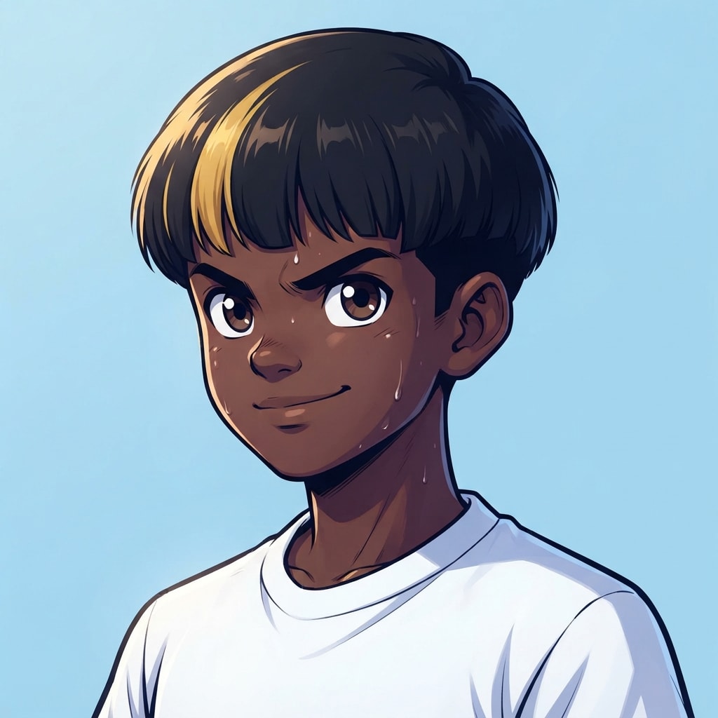 Image: anime bust portrait of a determined 12-year-old yo