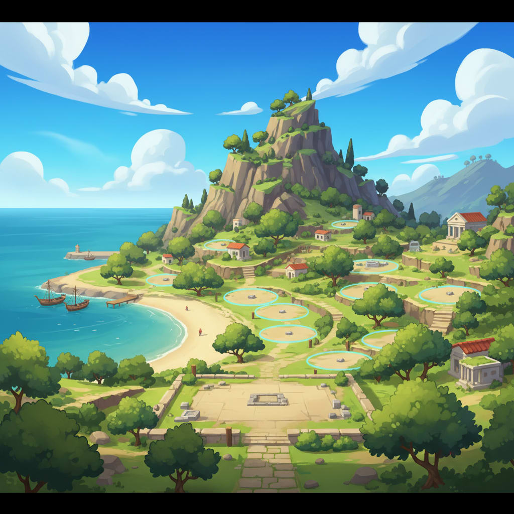 Image: Colorful cartoon ancient Greek island town backgro