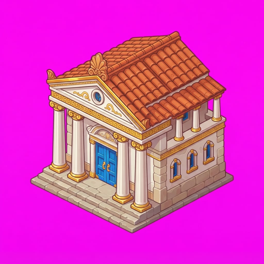Image: Isolated game building sprite. Flat solid MAGENTA