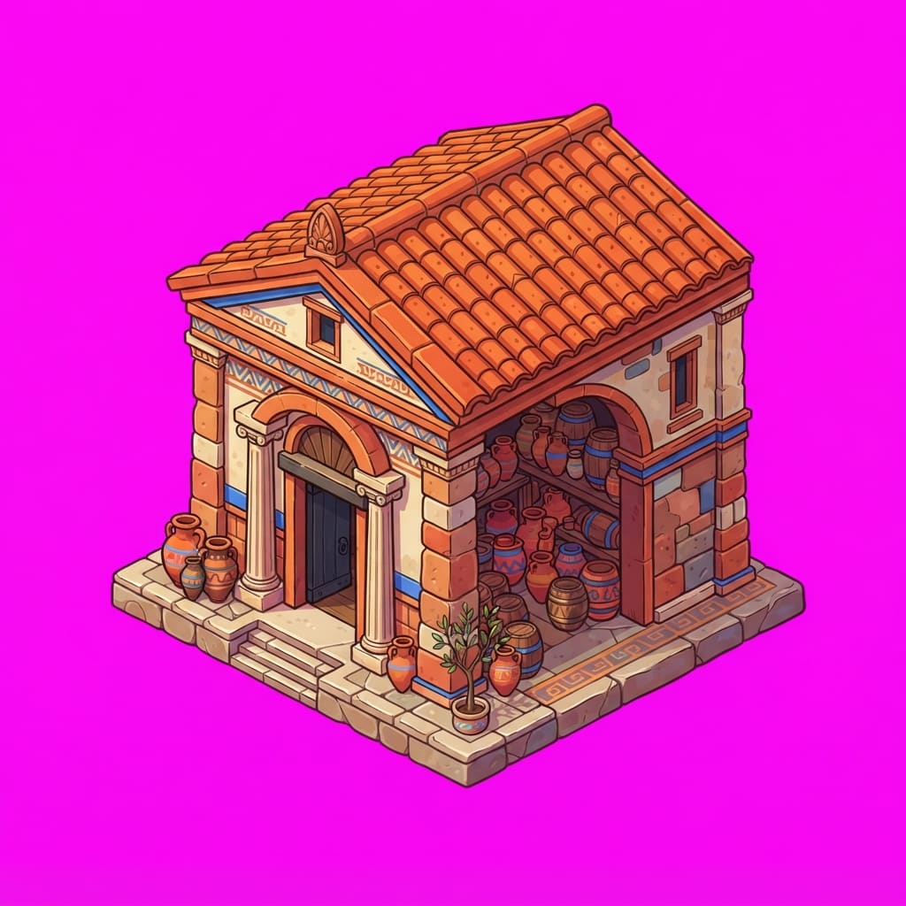 Image: Isolated game building sprite. Flat solid MAGENTA 