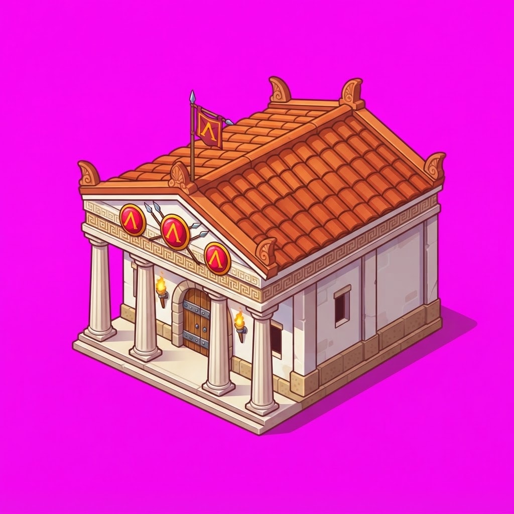 Image: Isolated game building sprite. Flat solid MAGENTA
