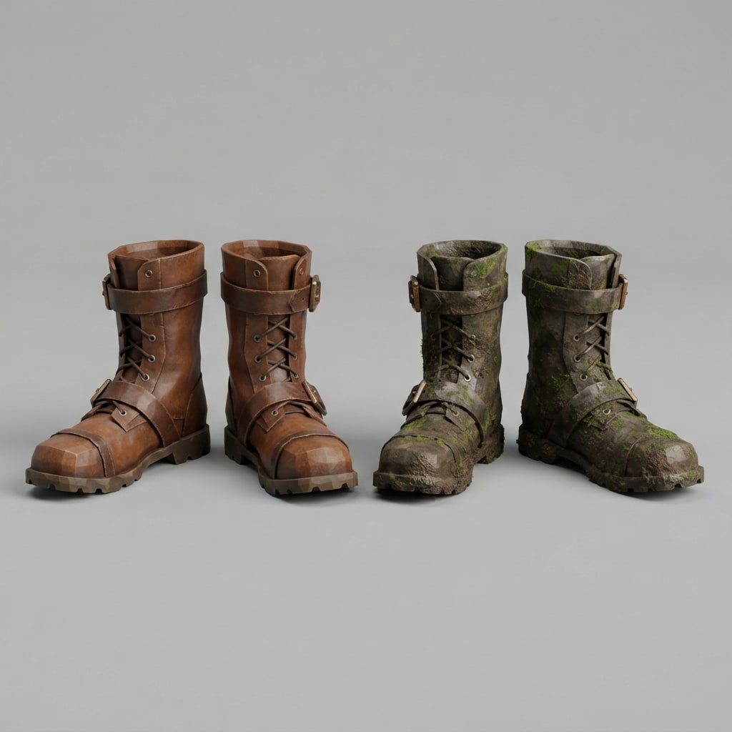 Image: Isolated low-poly medieval leather boots pair, two