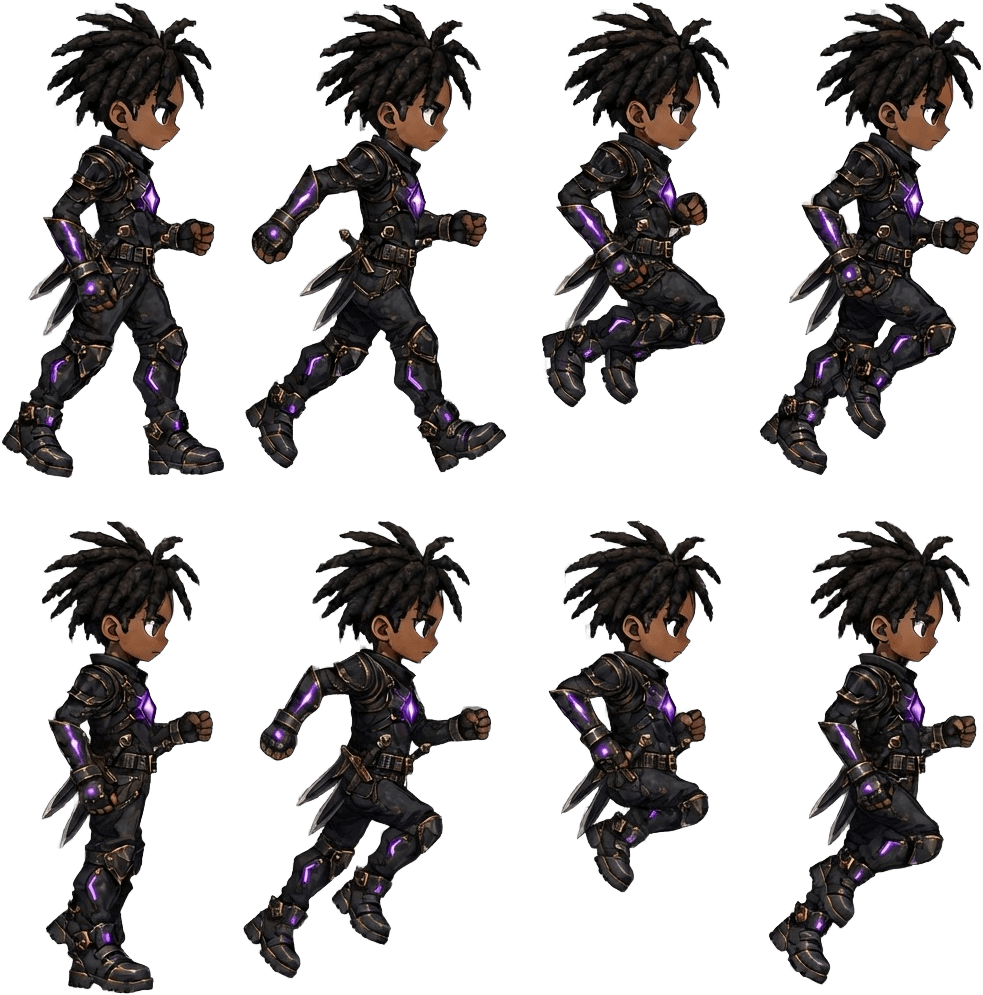Image: SPRITE SHEET: exactly 8 FULL-BODY frames of this S