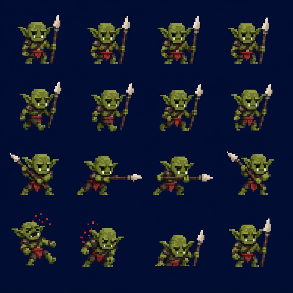 8x8 Pixel Goblin Warrior Spear Sprite Sheet