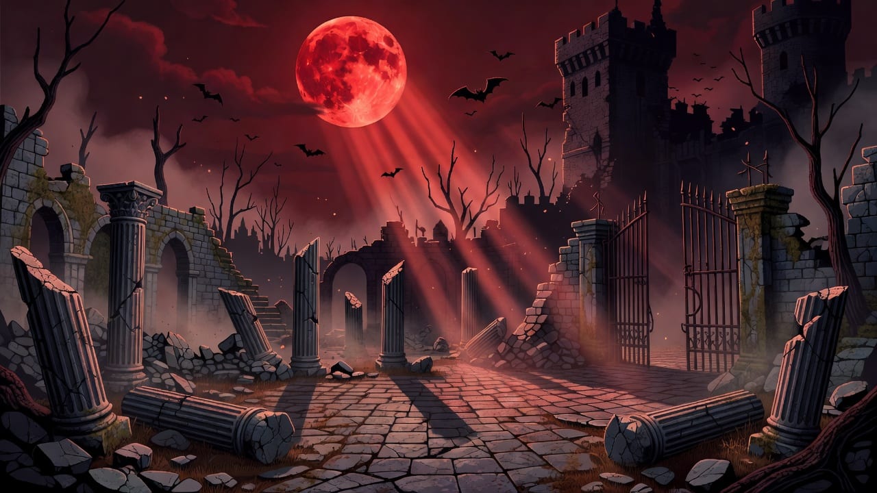 Ruined Courtyard Blood Moon Backdrop