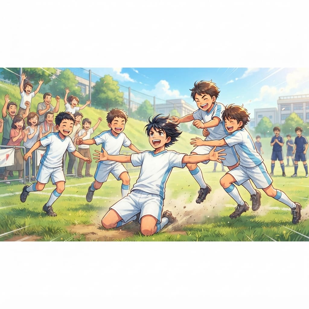 Image: Anime style illustration: a school kids' 7-a-side