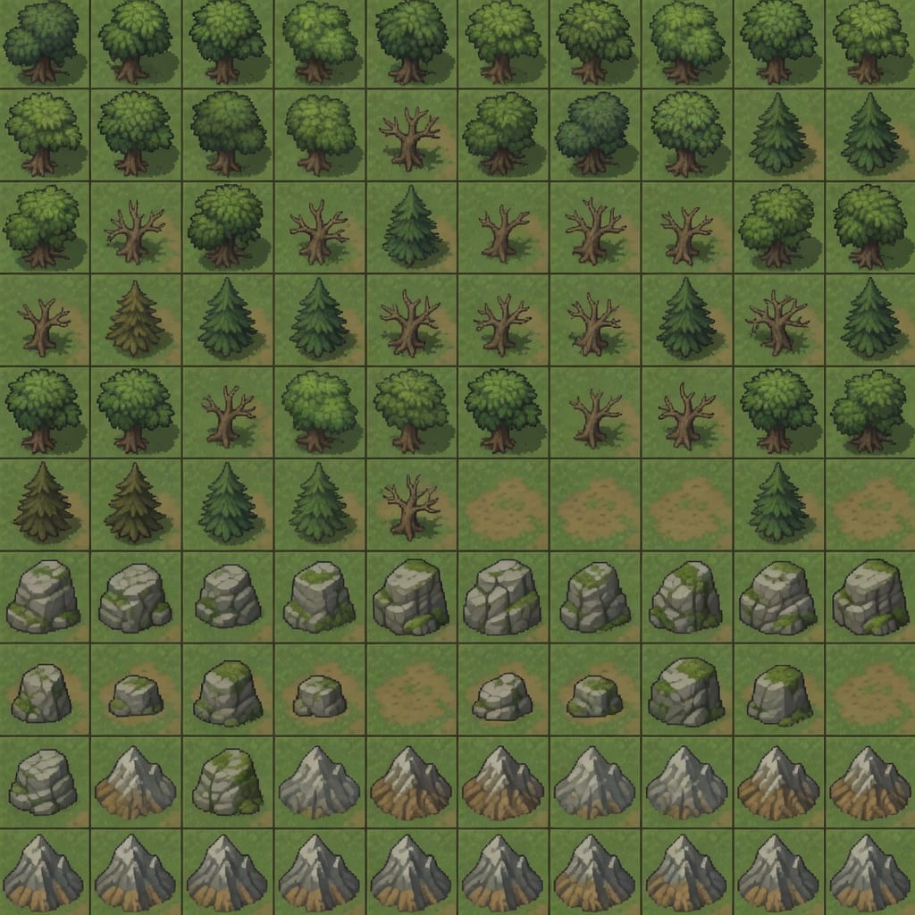 Tileset Tibia objetos arboles y rocas