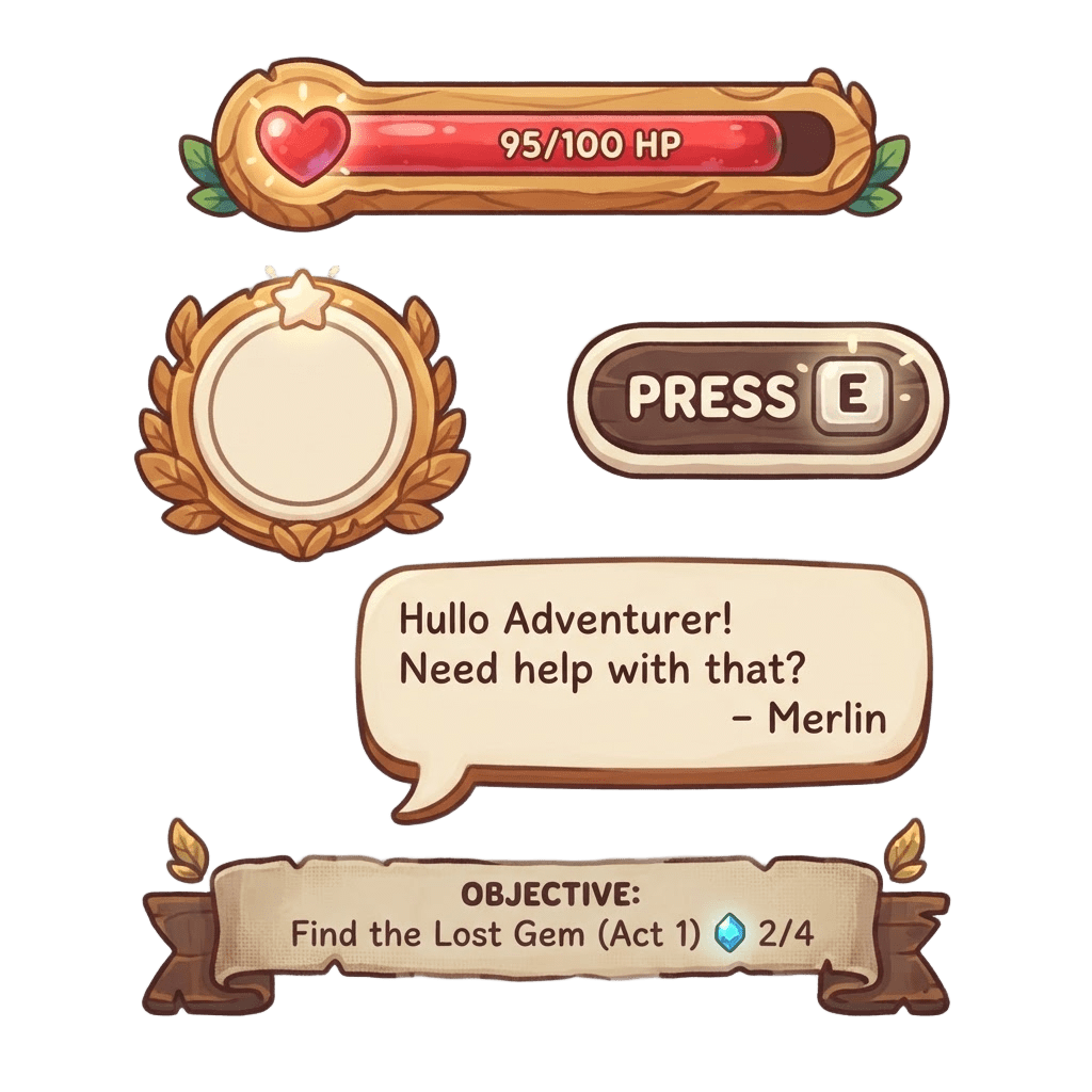 Image: Game HUD element sheet, cozy hand-painted toon sty