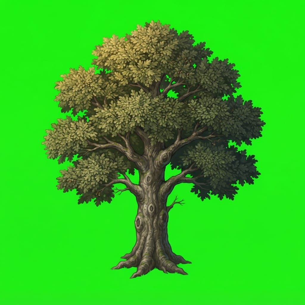 Image: A single medieval fantasy oak tree rendered as a h