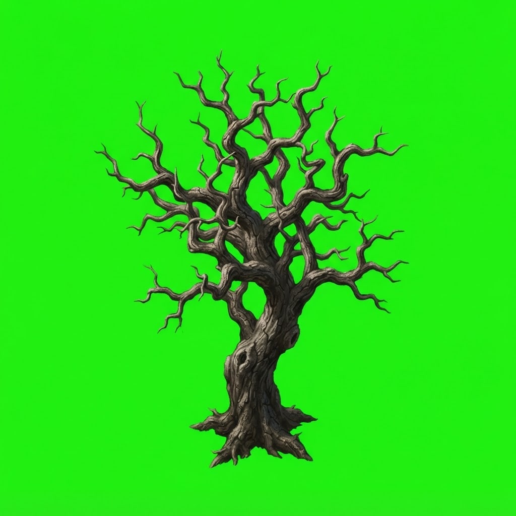 Image: A single small gnarled dead tree, bare twisted bra