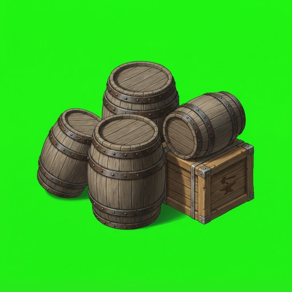 Image: A small group of medieval wooden barrels and a sta