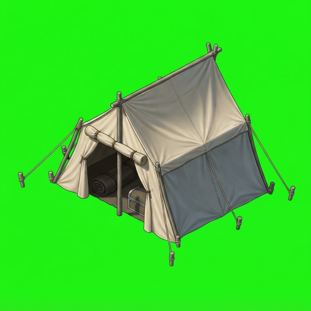 Image: A medieval canvas ridge tent pitched on wooden pol