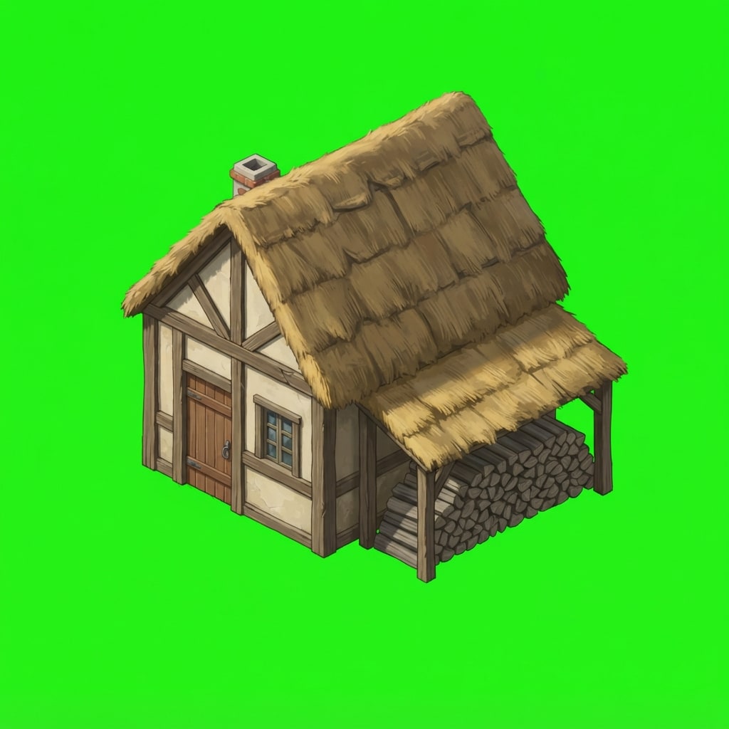 Image: A small medieval farmhouse with a thick golden tha