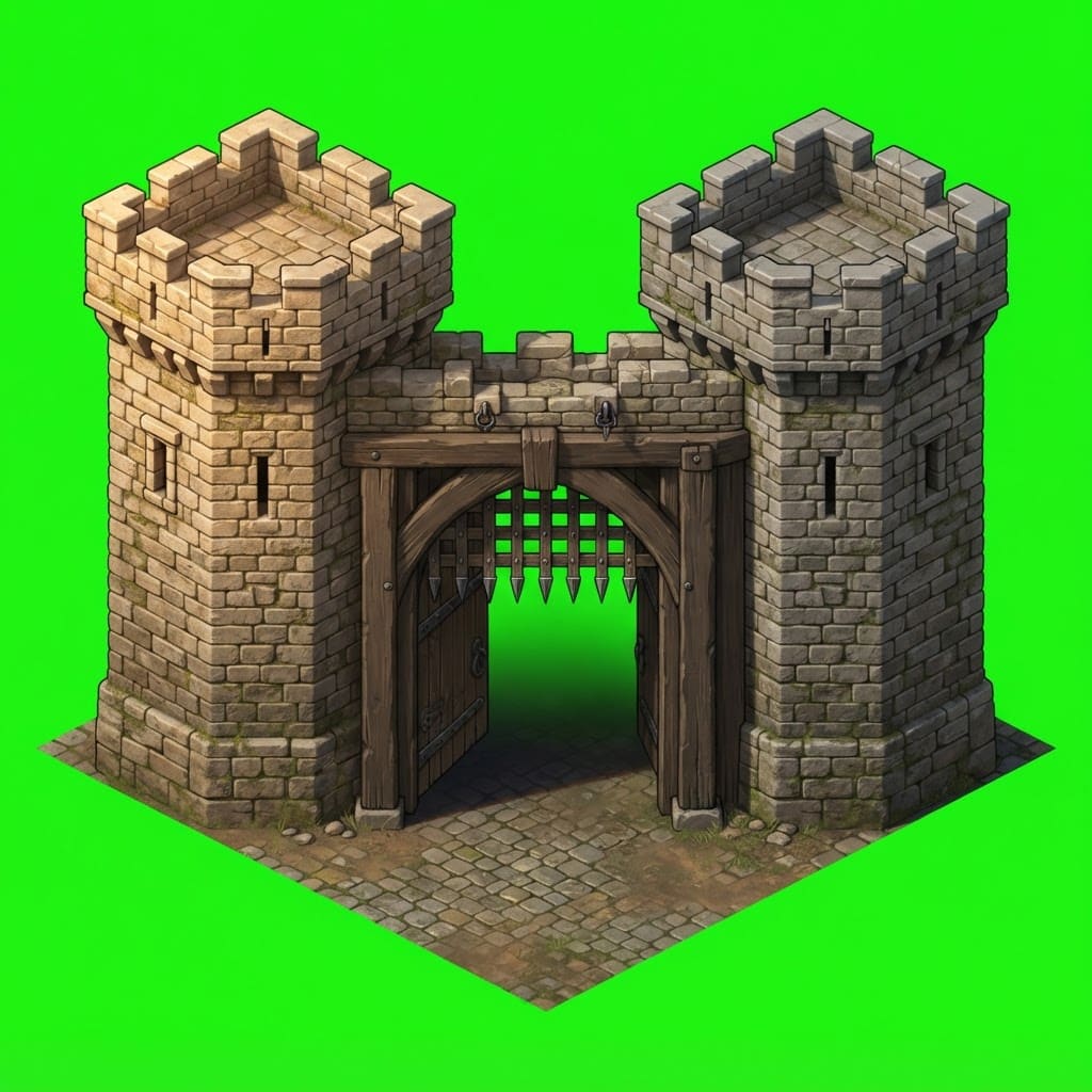 Image: A medieval stone gatehouse: two squat crenellated