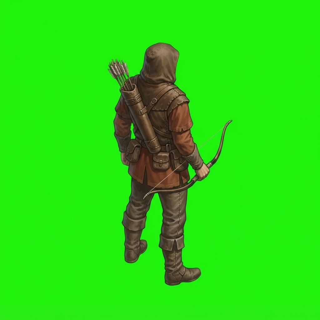 Image: A single medieval hunter standing, full body, seen