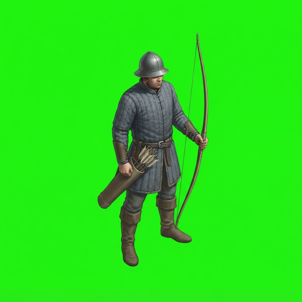 Image: A single medieval archer standing at the ready, fu