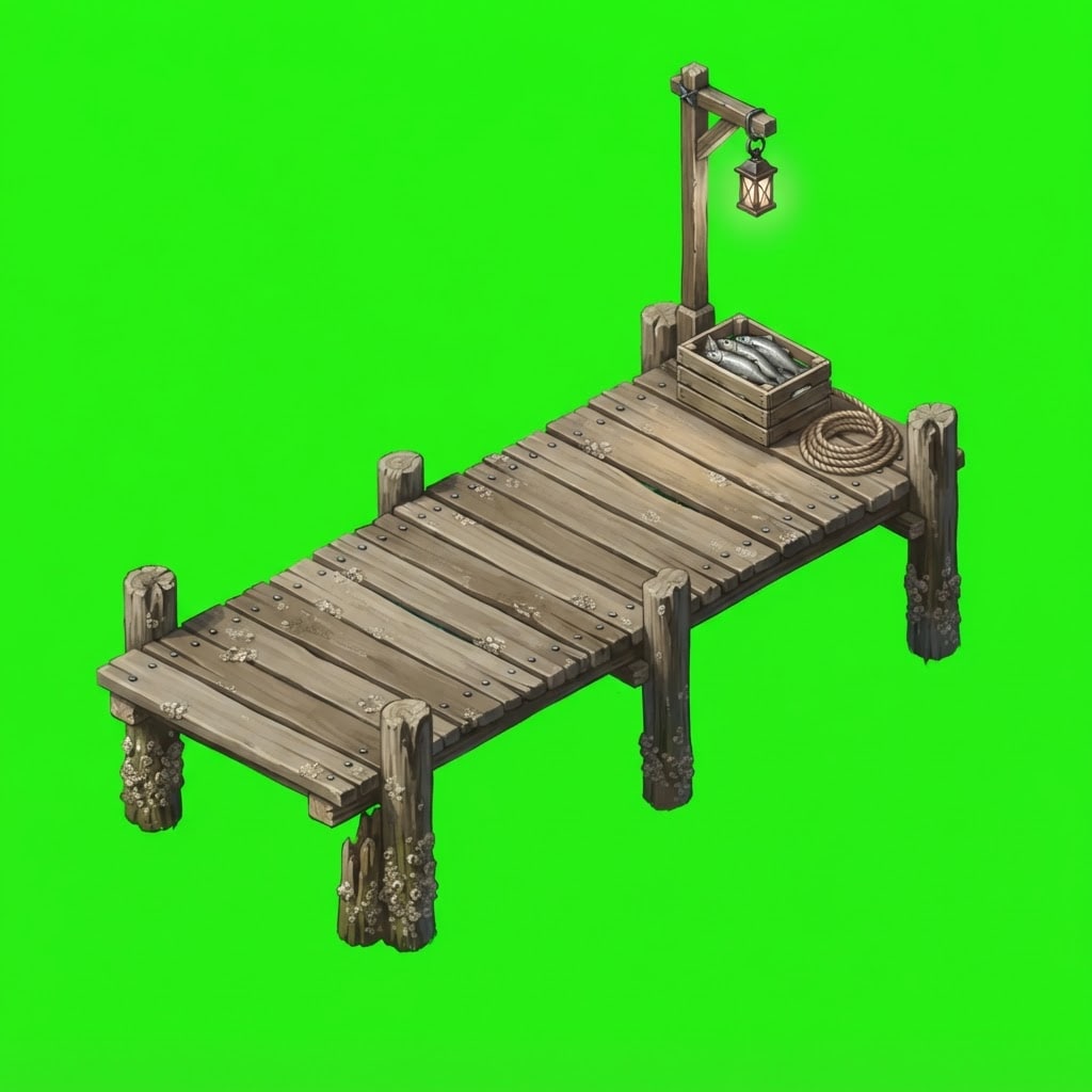 Image: A weathered medieval wooden fishing jetty: a short