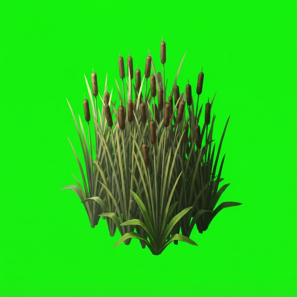Image: A clump of tall marsh reeds and cattails with slen