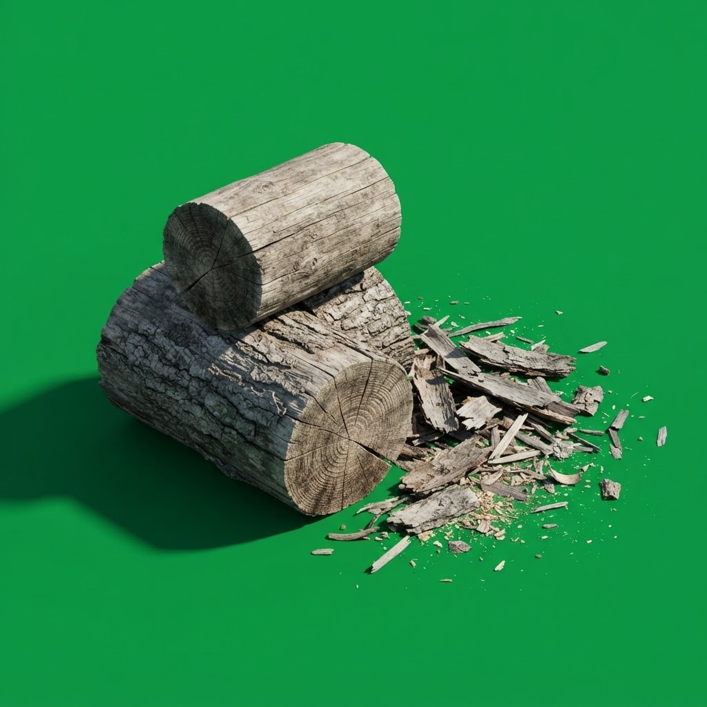 Image: Two short sawn logs stacked beside a scatter of lo