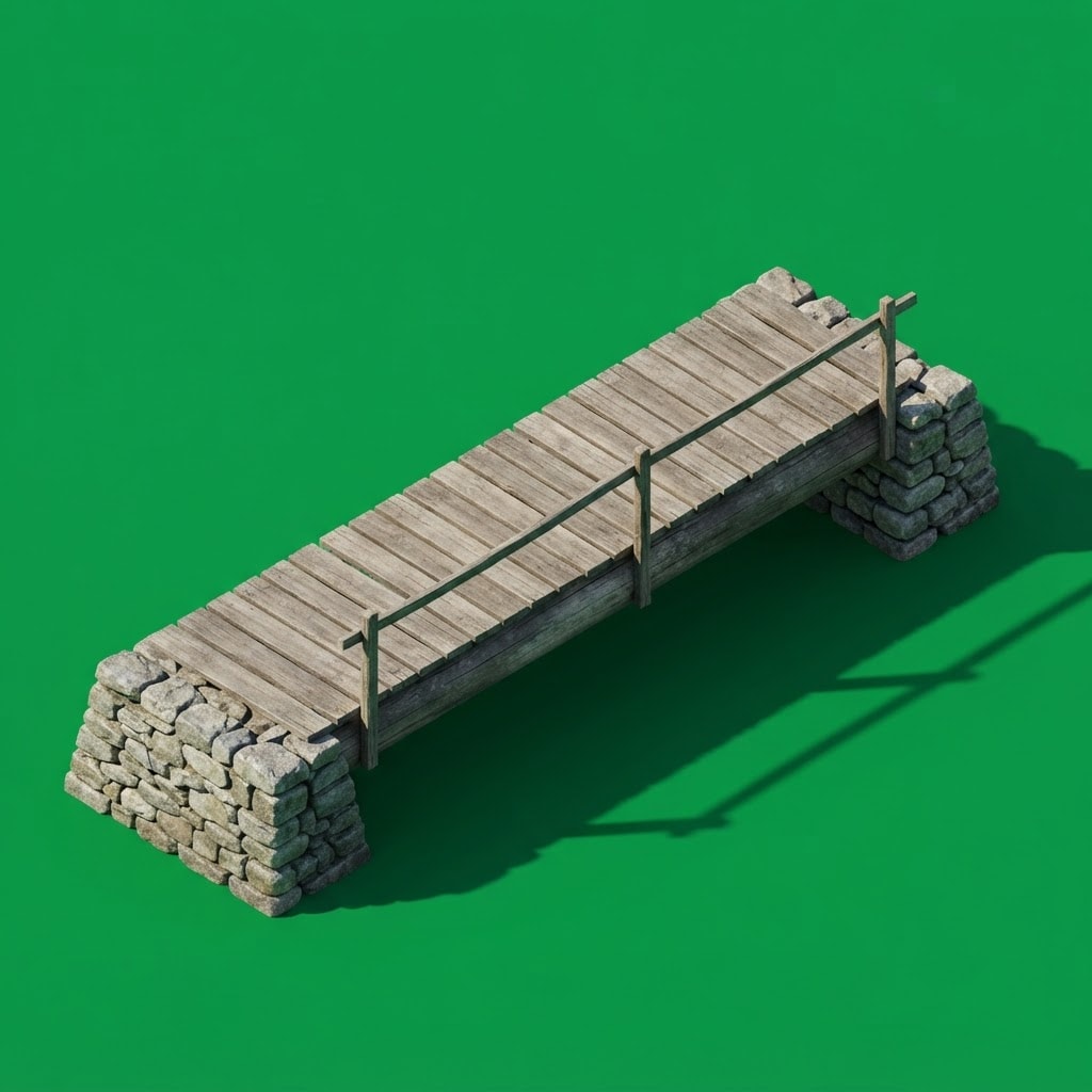 Image: A simple medieval wooden footbridge spanning a sma