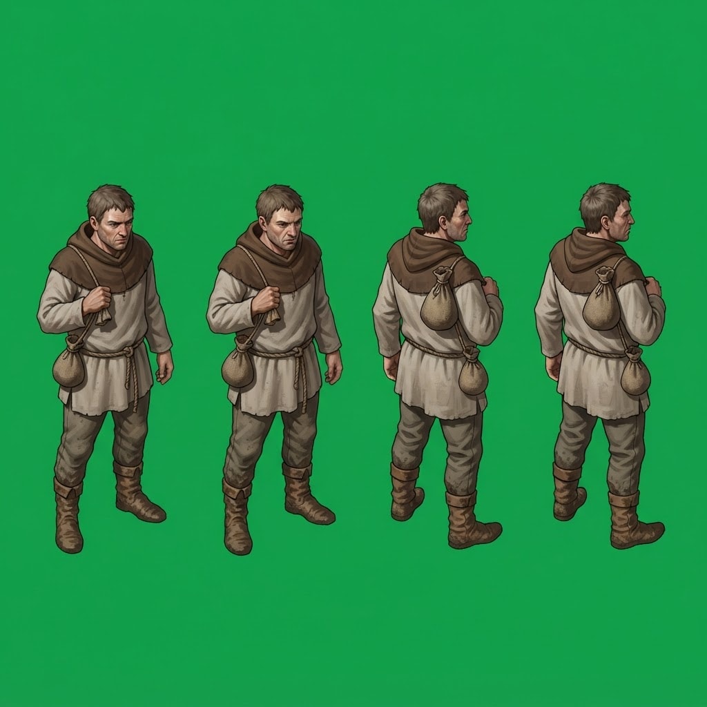 Image: A character turnaround sheet: the SAME medieval pe