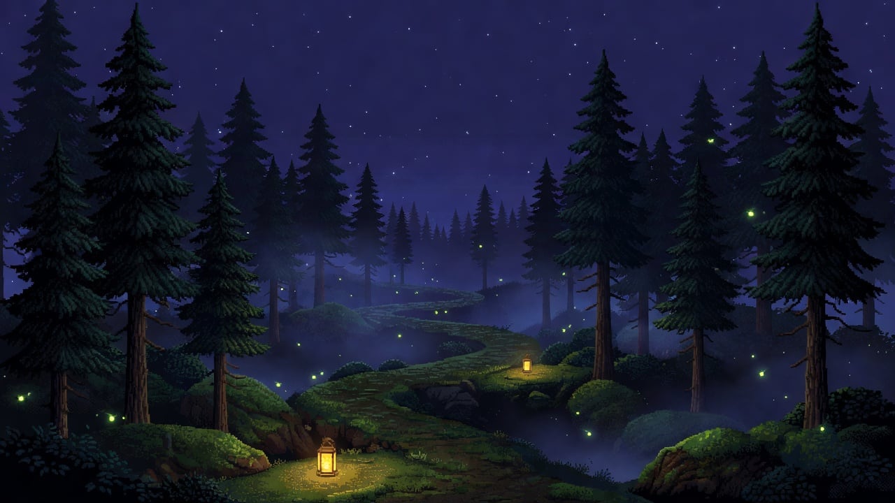 Lantern Run Midnight Forest Background