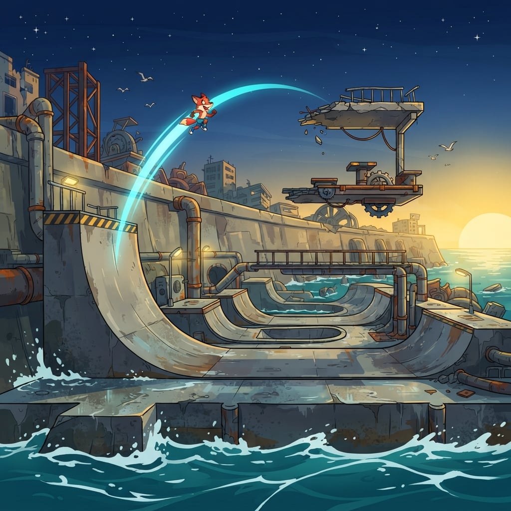 Image: Side-scrolling 2D platformer level concept art, wi