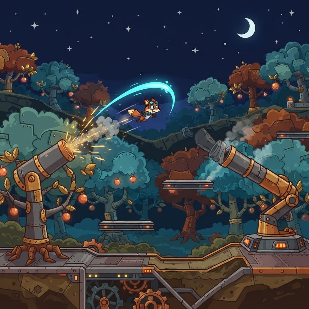 Image: Side-scrolling 2D platformer level concept art, wi