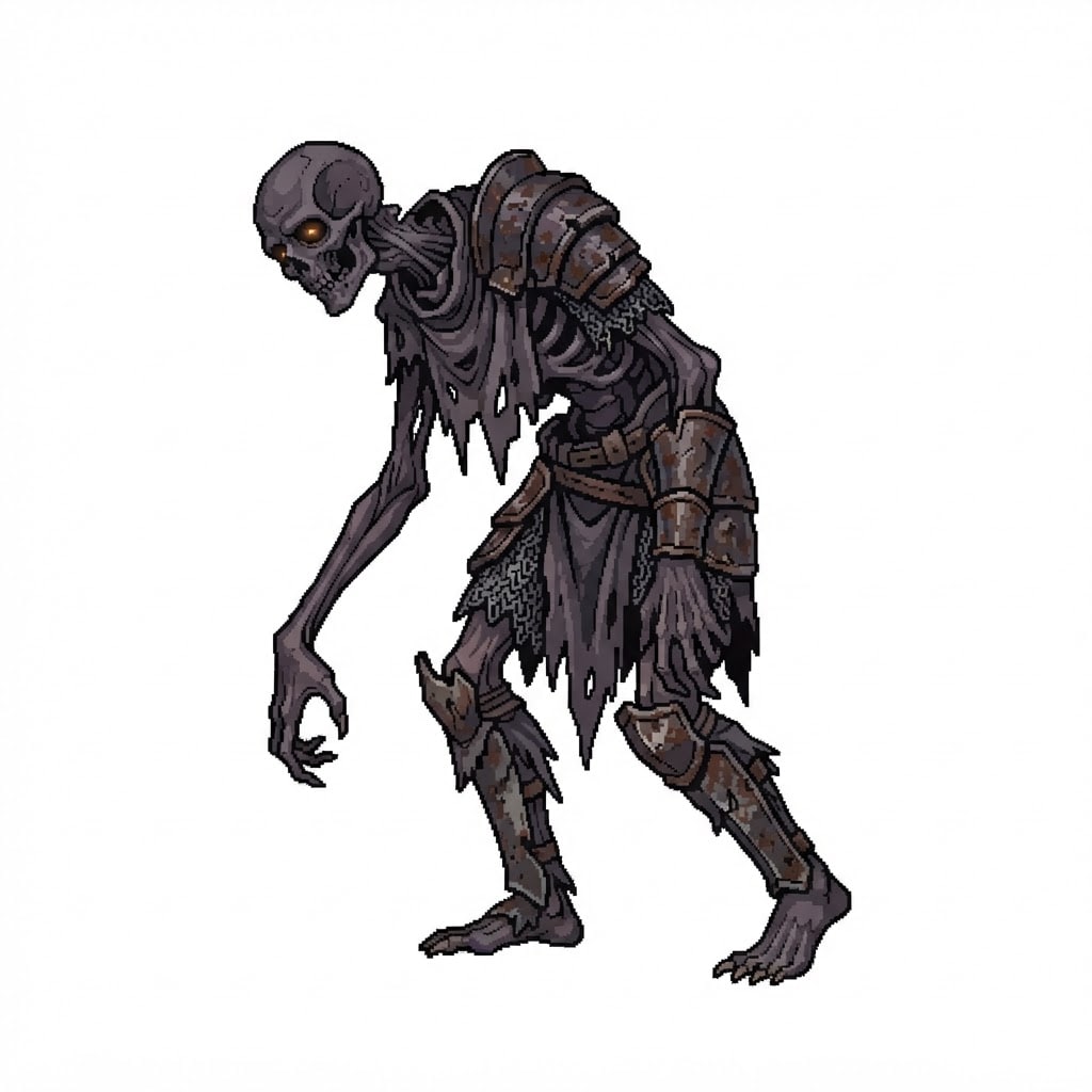 Image: 2D game enemy sprite, side view facing LEFT, full