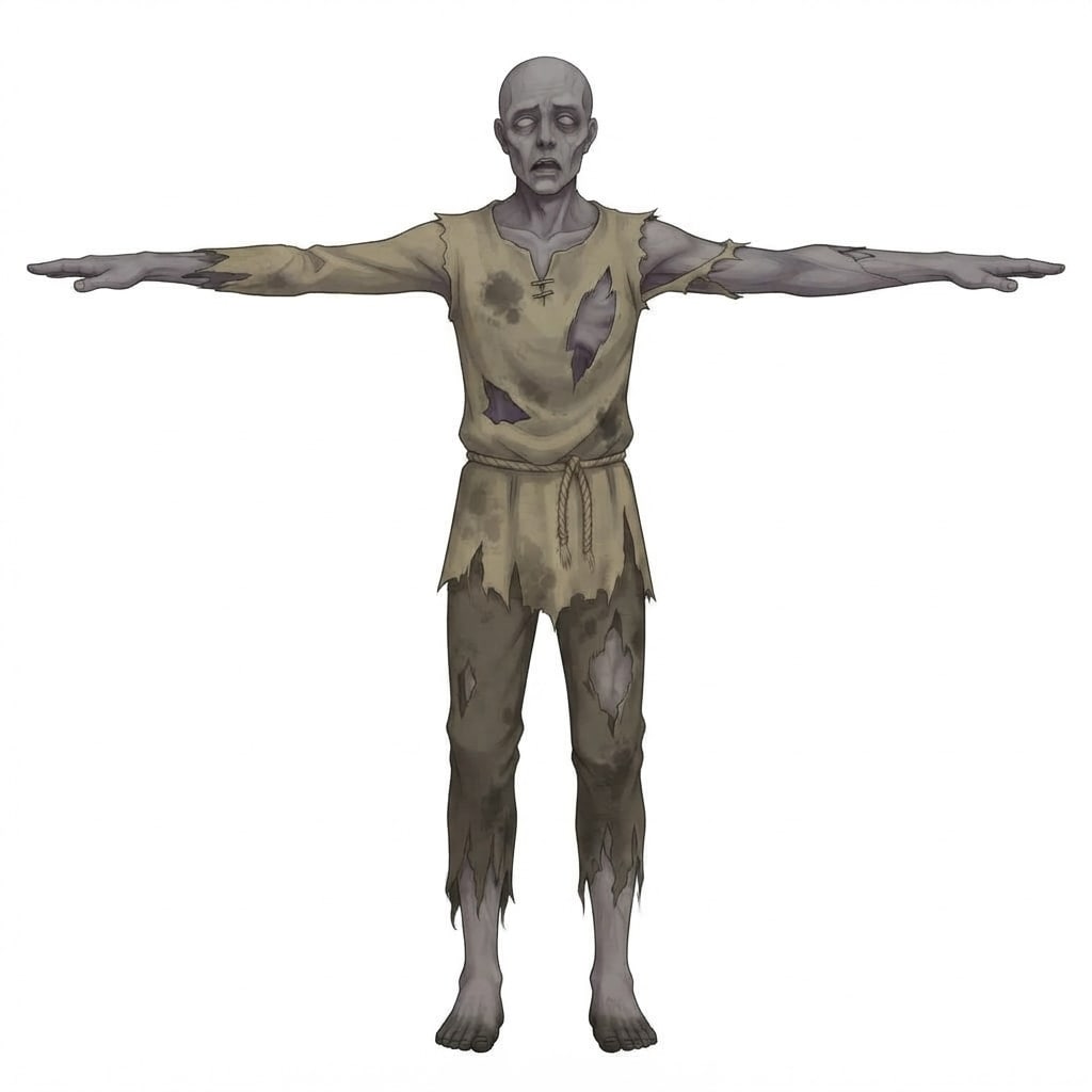 Painterly anime creature concept illustration, clean line, soft cel-plus-gradient shading, semi-realistic, grim medieval dark fantasy. Full body standing, three