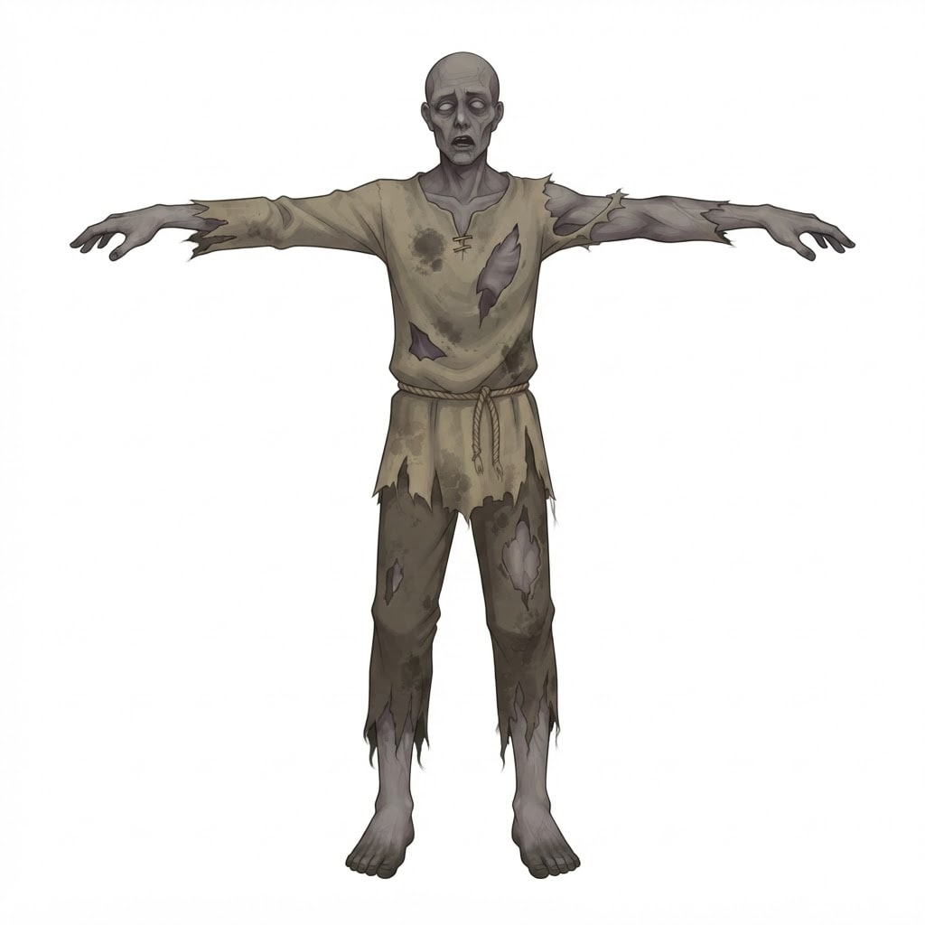 Painterly anime creature concept illustration, clean line, soft cel-plus-gradient shading, semi-realistic, grim medieval dark fantasy. Full body standing, three