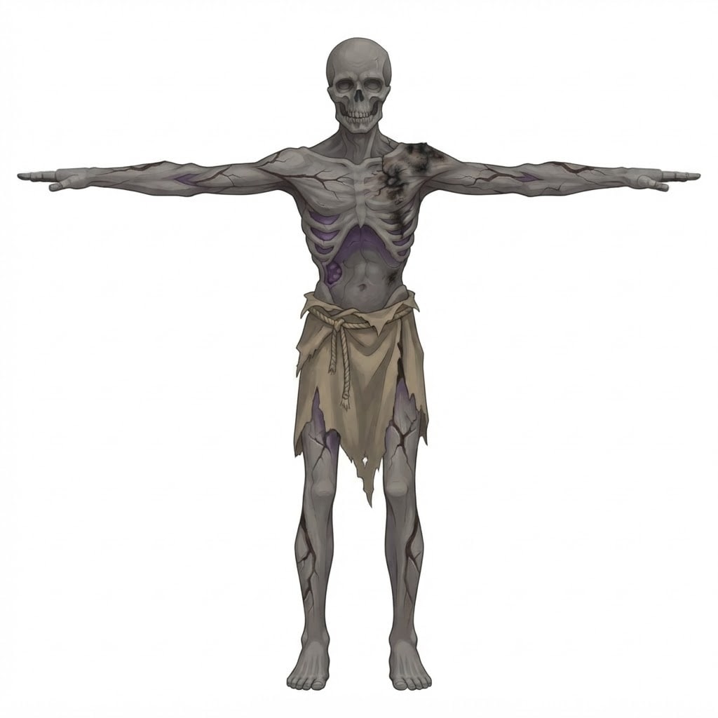 Painterly anime creature concept illustration, clean line, soft cel-plus-gradient shading, semi-realistic, grim medieval dark fantasy. Full body standing, three