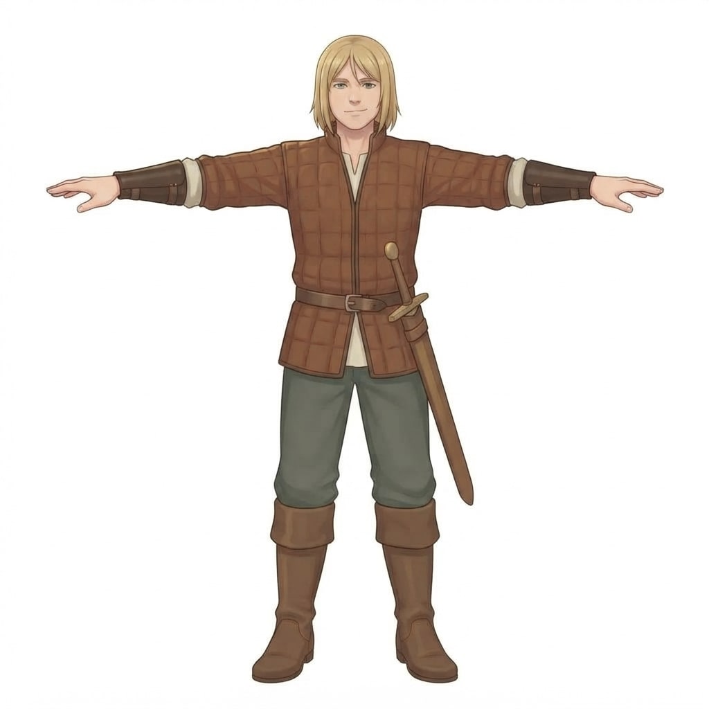 Painterly anime character illustration, clean line, soft cel-plus-gradient shading, semi-realistic proportions, medieval Arthurian. Full body standing, three-qu