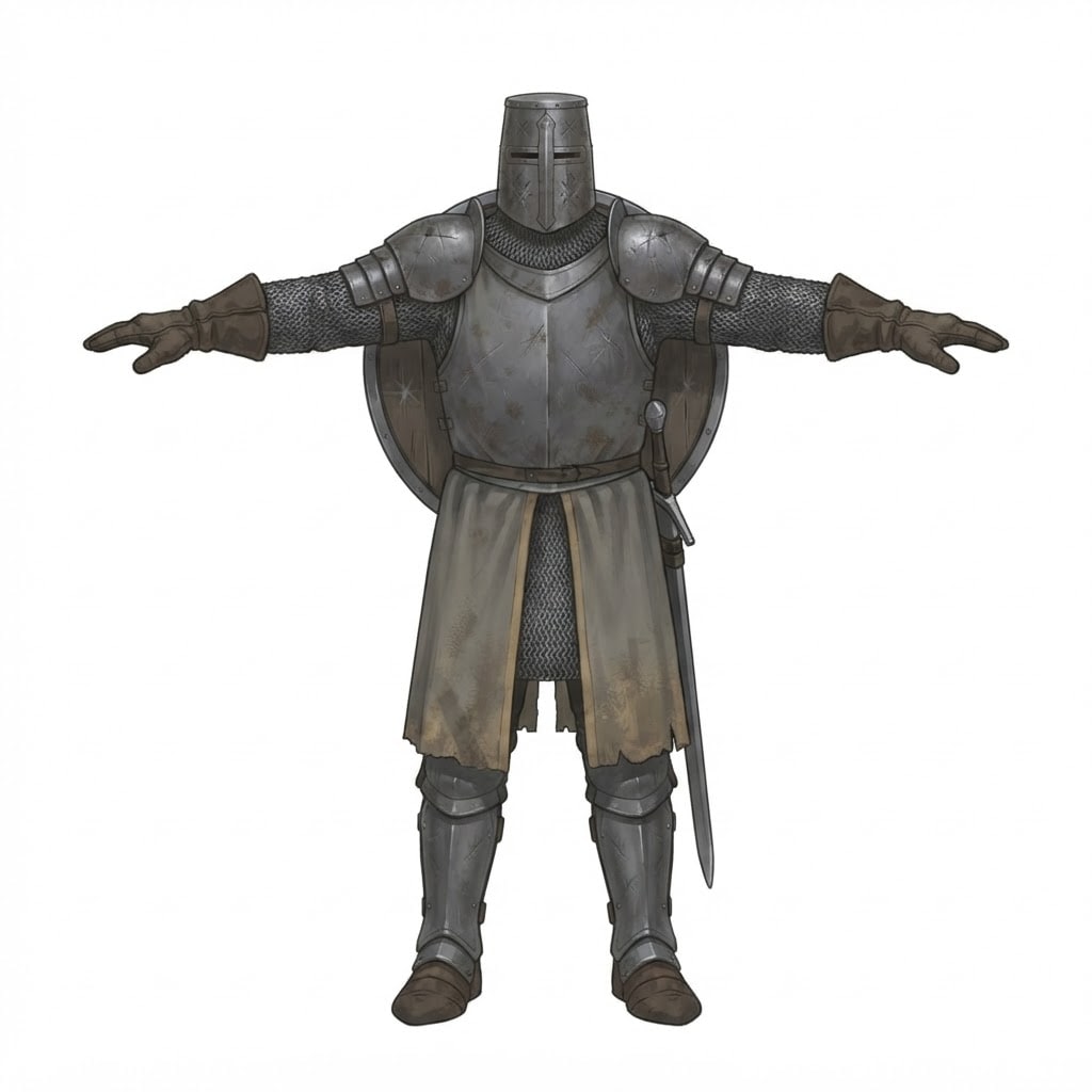 Painterly anime character concept illustration, clean line, soft cel-plus-gradient shading, semi-realistic proportions, grim MEDIEVAL Arthurian dark fantasy. Fu